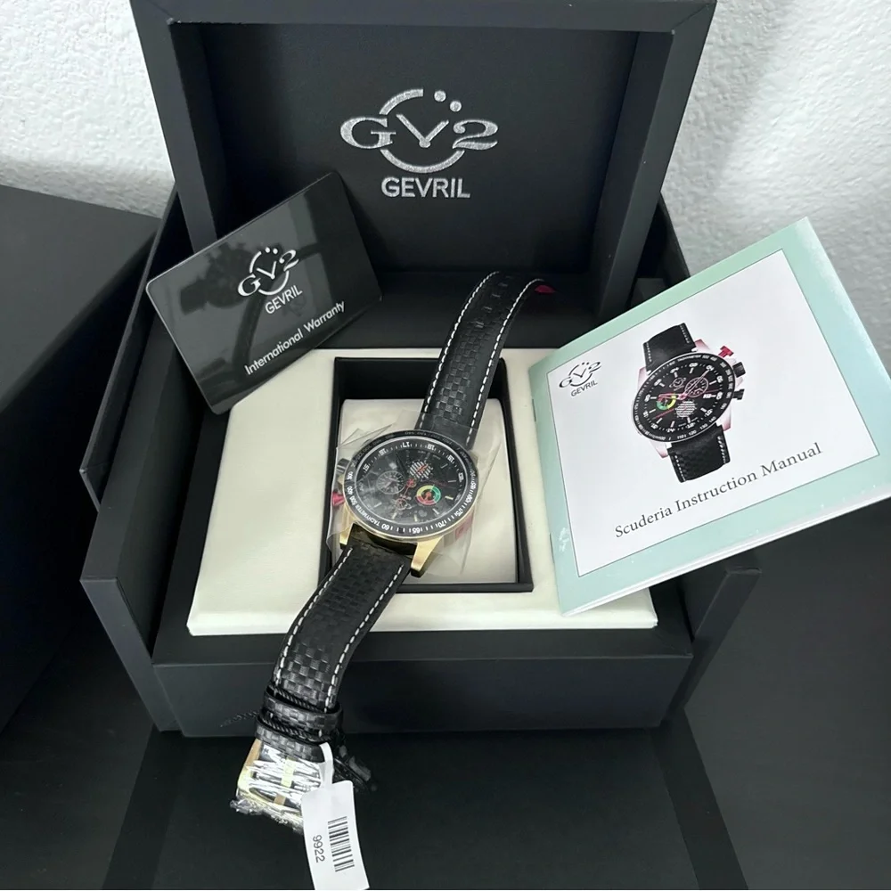 NEW GV2 BY GEVRIL Scuderia Chronograph Tachymeter Black Dial Men's Swiss Watch